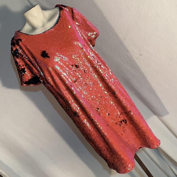 Iridescent Coral Black Midi Dress Mermaid Sequins - Picture 8 of 15